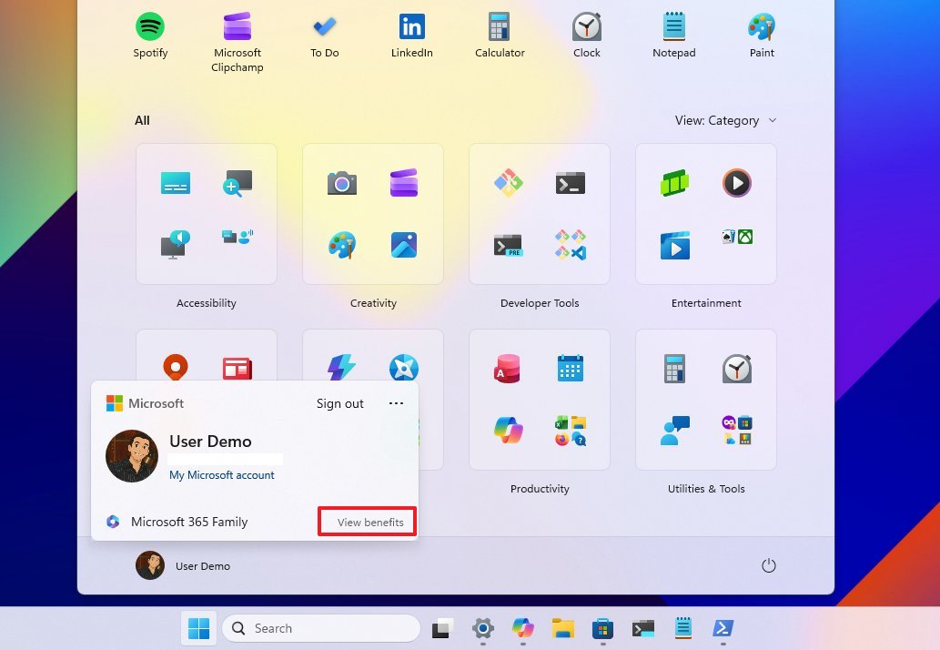 Start menu accounts view benefits option