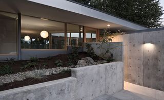 The entrance to the house is all concrete, with a small garden filled with green plants and decorative stones.