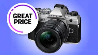 Silver camera on a blue background with black grip and lens, labeled "OM System." A bold "Great Price" tag in a white circle is on the left