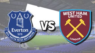 The Everton and West Ham United club badges on top of a photo of Goodison Park stadium in Liverpool, England