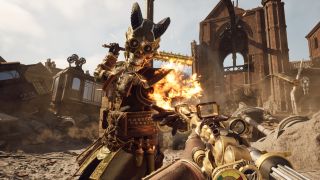 A first-person view of a gun shooting an enemy in Clockwork Revolution