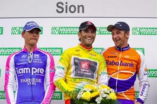 The final GC podium: Simon Spilak (2nd, Lampre-Farnese Vini), Alejandro Valverde (1st, Caisse d'Epargne) and Denis Menchov (3rd, Rabobank)