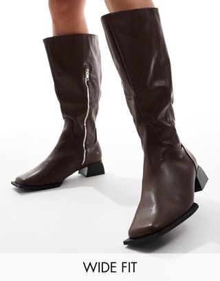 Raid Wide Fit Elixir Knee Boots With Square Toe in Brown