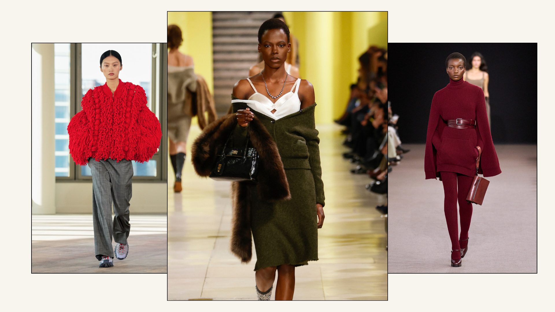 Three models on runways wearing knitwear