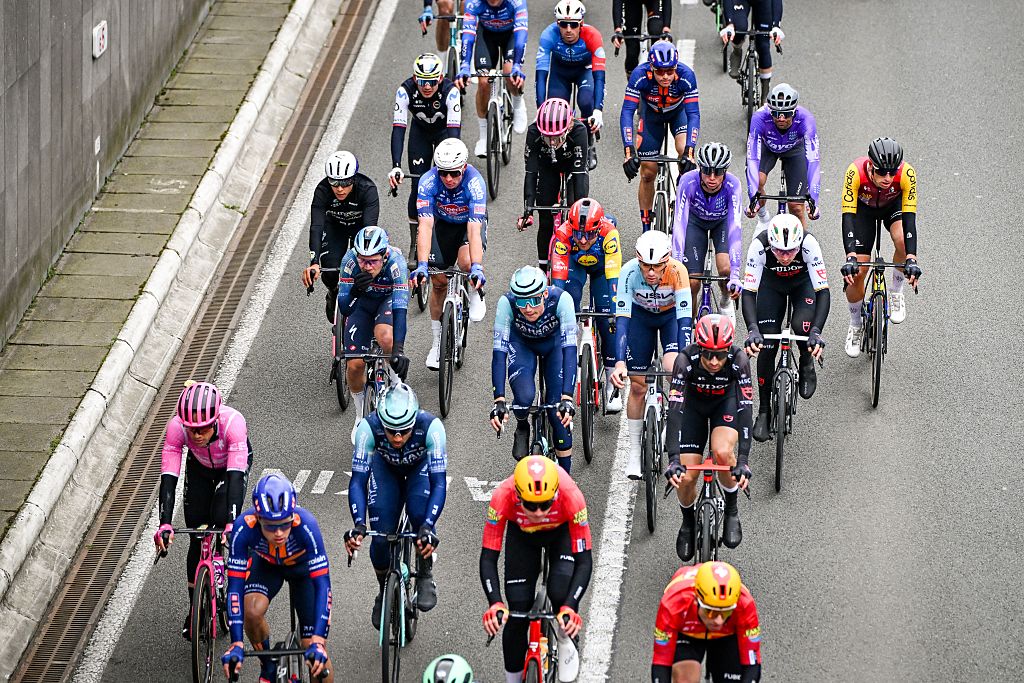 The pack of riders pictured in action during the 'Ronde van Brugge' men's elite one-day cycling race, 202,9 km from and to Brugge on Wednesday 25 March 2026. BELGA PHOTO ELIAS ROM (Photo by ELIAS ROM / BELGA MAG / Belga via AFP)