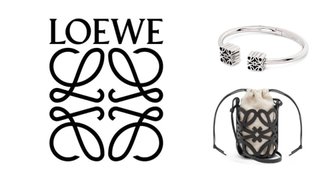 Loewe logo with curly 'l' shapes; seen on silver bangle and ornate bag