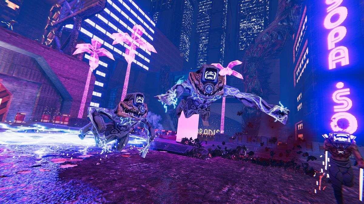 lunging enemies amidst neon city environment