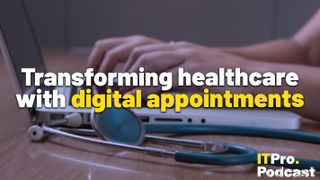 The words ‘Transforming healthcare with digital appointments’’ with the words ‘digital appointments’ in yellow and the rest in white. They are set against an image of a person’s hands working on a laptop, with a stethoscope resting on the desk next to the laptop and closer to the camera.
