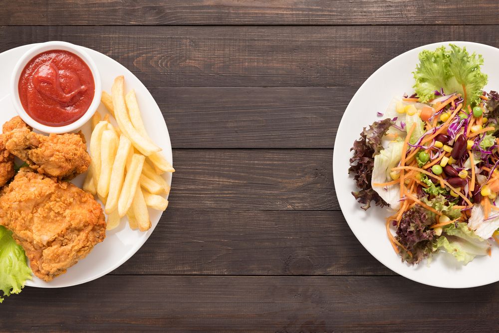 fried food, french fries, salad, unhealthy, healthy