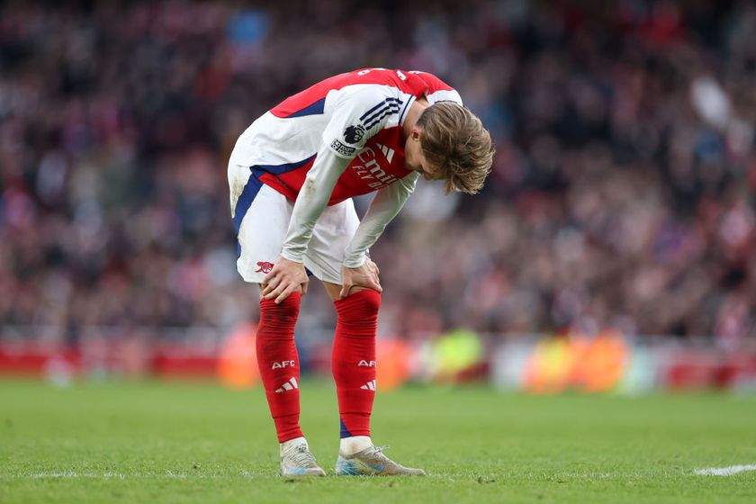 Martin Odegaard of Arsenal looks dejected during the Premier League match between Arsenal FC and West Ham United FC at Emirates Stadium on February 22, 2025 in London, England.