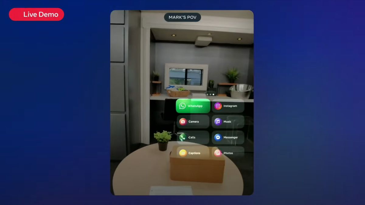 A screen capture of Mark Zuckerberg showing off Meta Ray-Ban Display Glasses' app UI at Meta Connect 2025