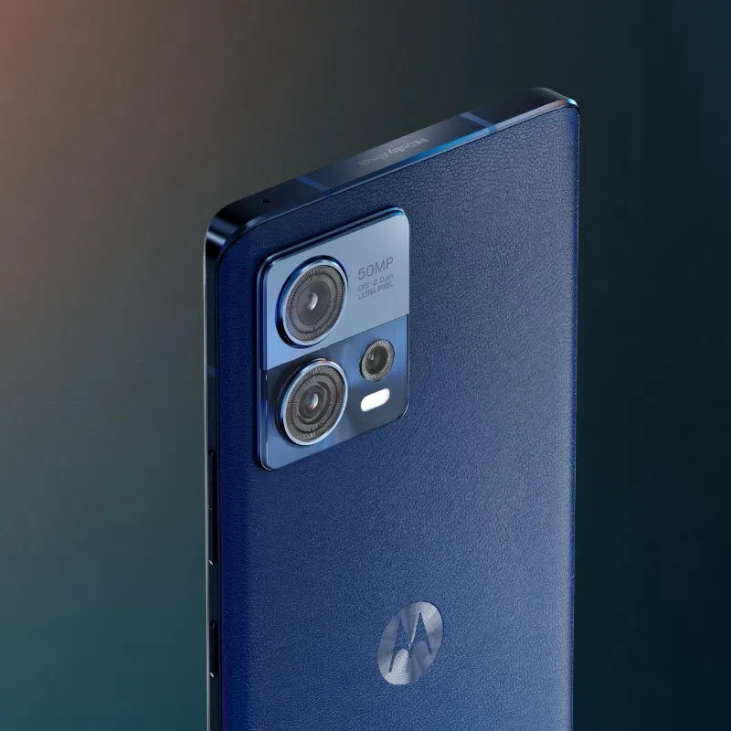 The Motorola Edge 30 Fusion in Neptune Blue with vegan leather