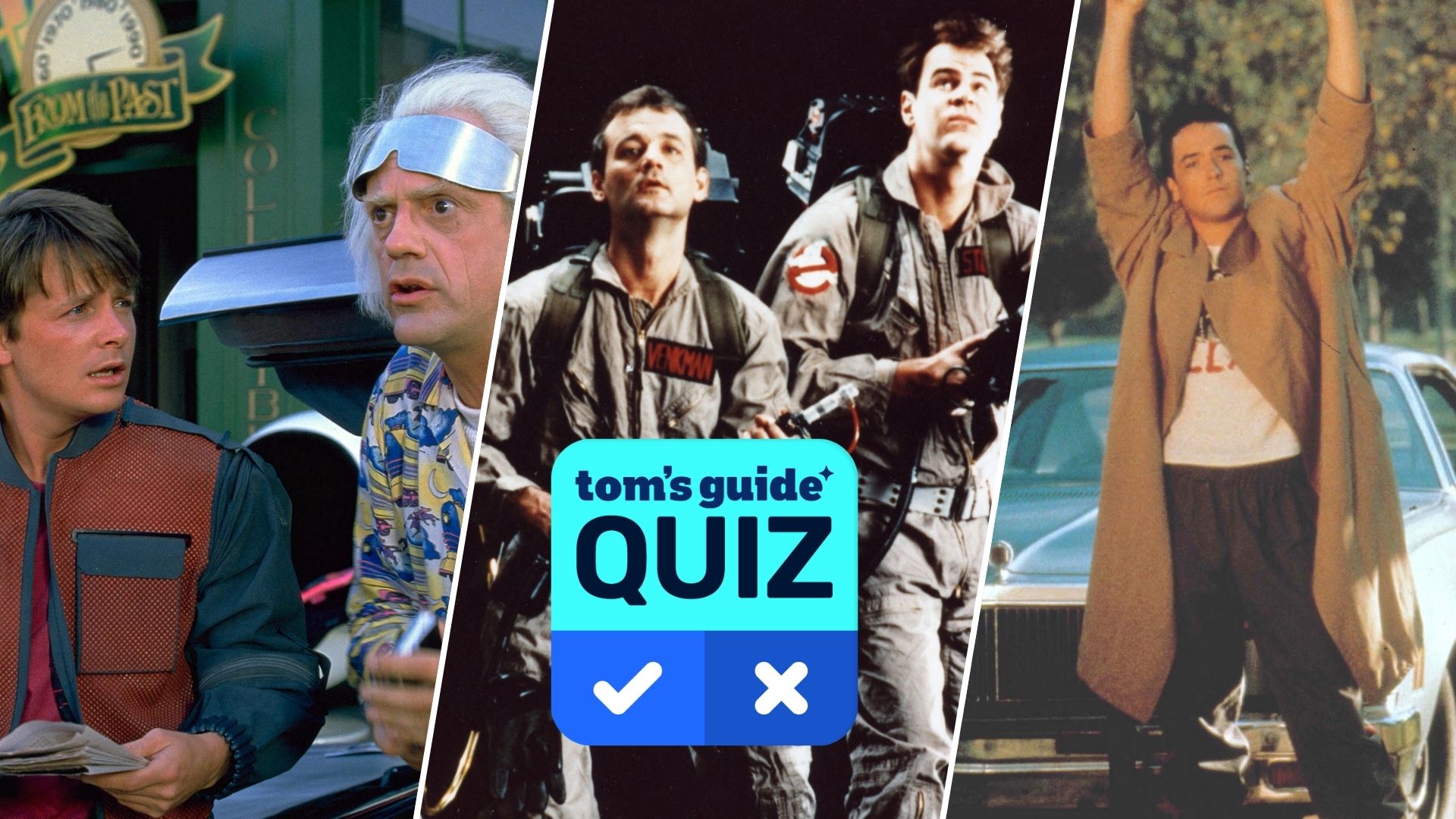 A split image showing stills from Back to the Future Part II, Ghostbusters and Say Anything