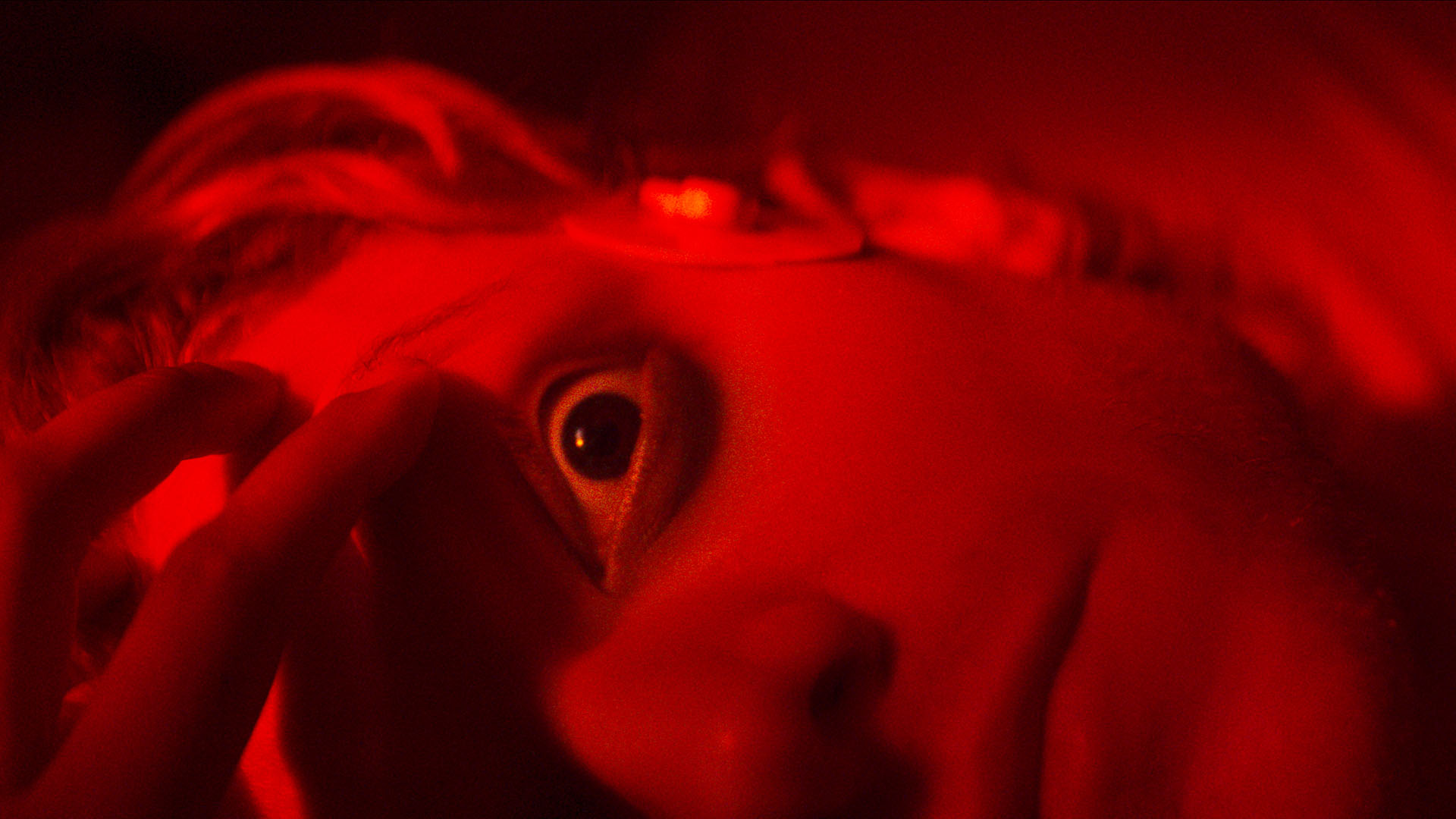 A close up of Matt Hagen with a wide eye and bathed in red light in Clayface