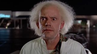 Christopher Lloyd as Doc in Back to the Future in the parking lot