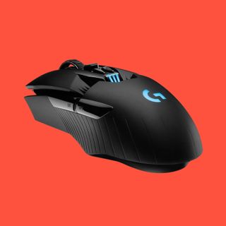 An image of a Logitech G903 Lightspeed gaming mouse against a red background