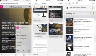 Settings, Tab View, and Reading List are all here in Edge for iOS.
