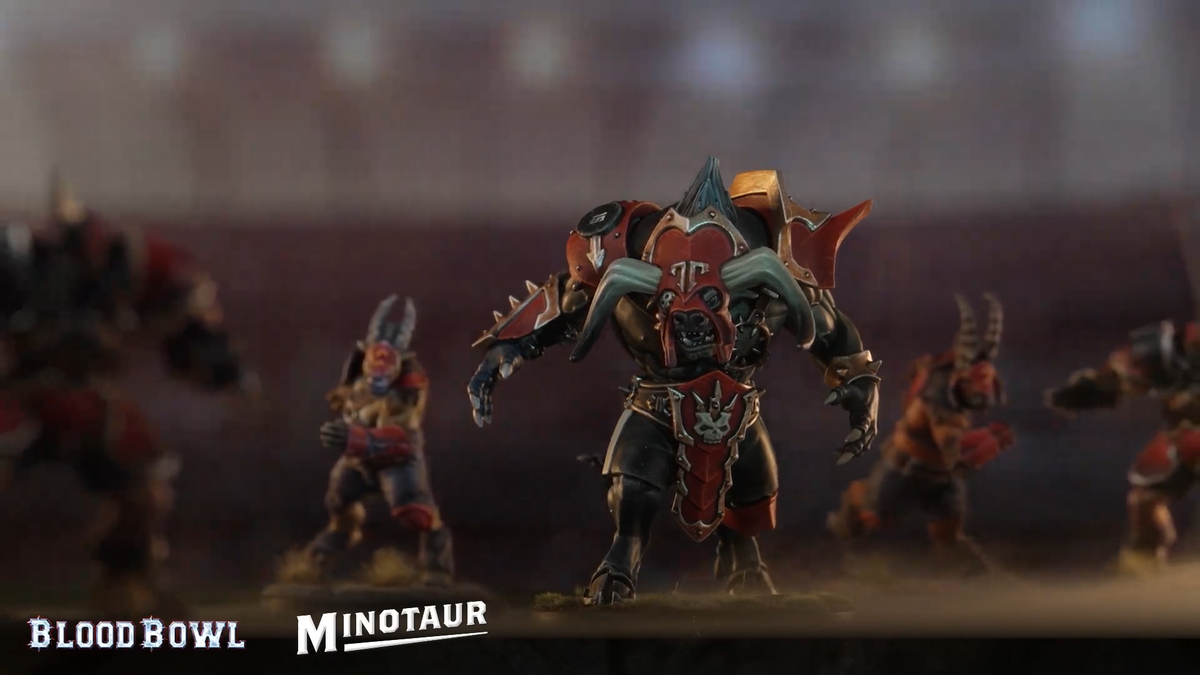 Larger, monstrous players rush through the pitch in Blood Bowl