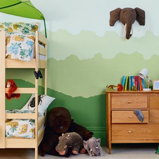 A kids bedroom painted to look like a jungle