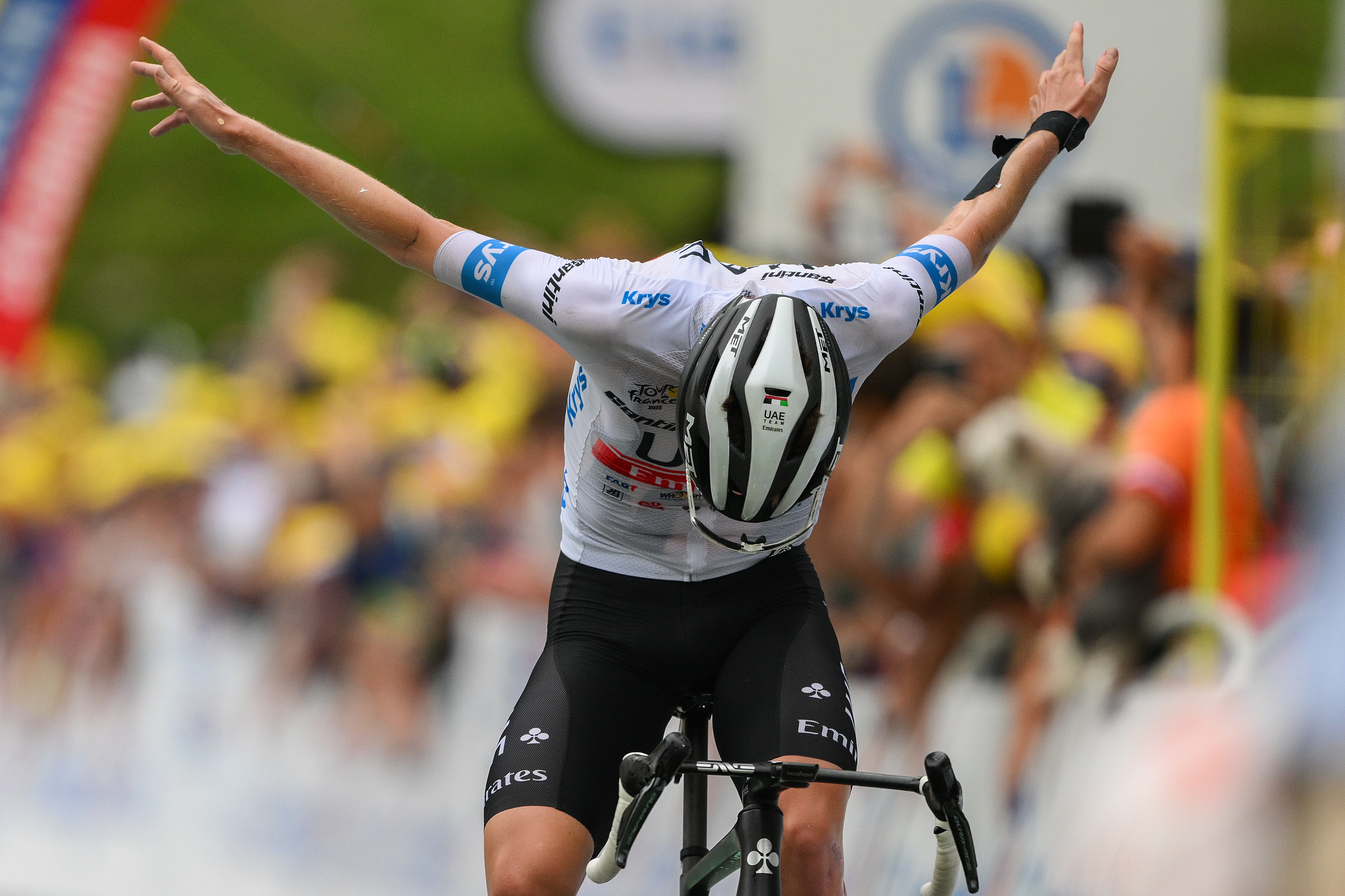 UNSPECIFIED, FRANCE - JULY 06: Tadej Pogacar of Slovenia and UAE Team Emirates - White Best Young Rider Jersey celebrates at finish line as stage winner during the stage six of the 110th Tour de France 2023 a 144.9km stage from Tarbes to Cauterets-Cambasque 1355m / #UCIWT / on July 06, 2023 in Cauterets-Cambasque, France. (Photo by David Ramos/Getty Images)