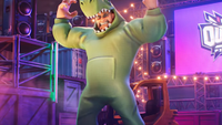 An image of a fighter - a large, burly man in a dinosaur onesie, as featured in OutRage: Fight Fest.