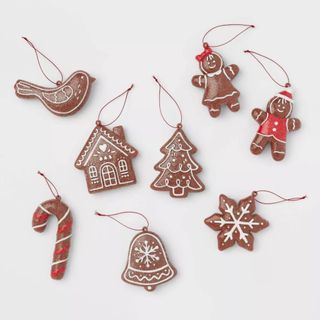 8pc Glittered Gingerbread Cookies Christmas Tree Ornament Set against a gray background.