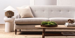 Neutral living room with a Habitat made to oorder upholstered light grey sofa