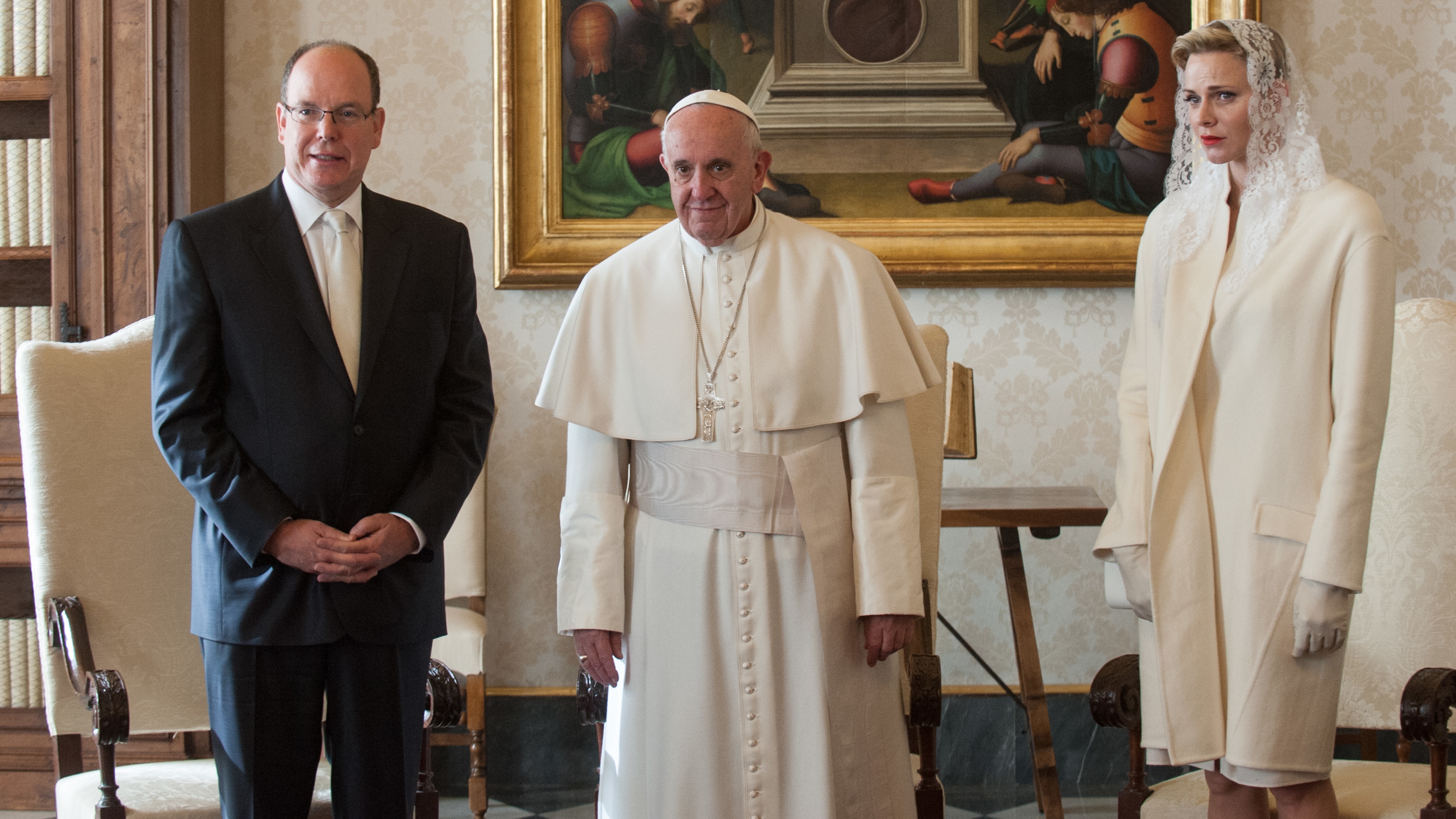 Pope Francis meets Prince Albert II of Monaco and his wife Princess Charlene during a private audience at the Vatican