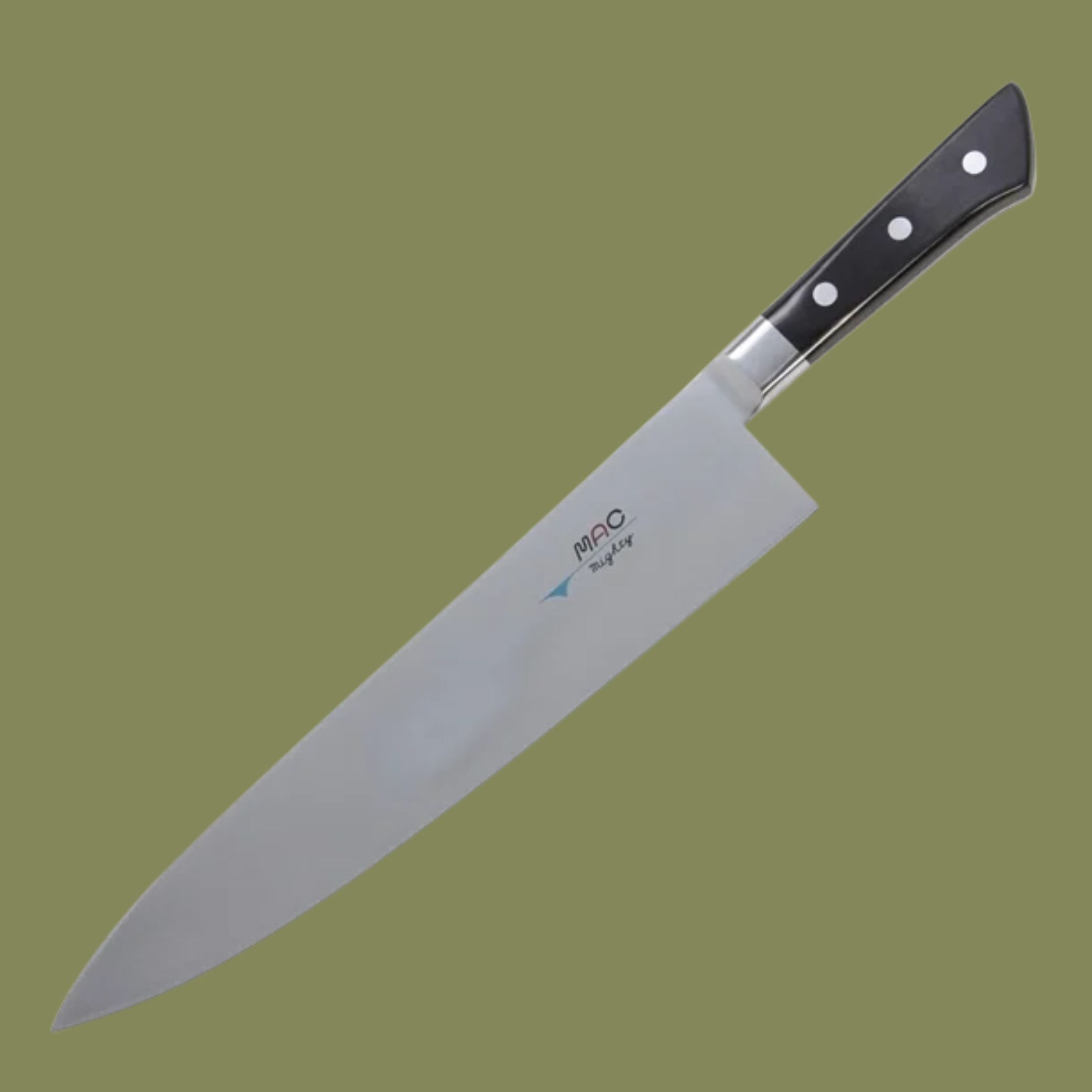 Mac Professional Gyuto Chef Knife MBK-110 Black 27.5cm against dark green background.