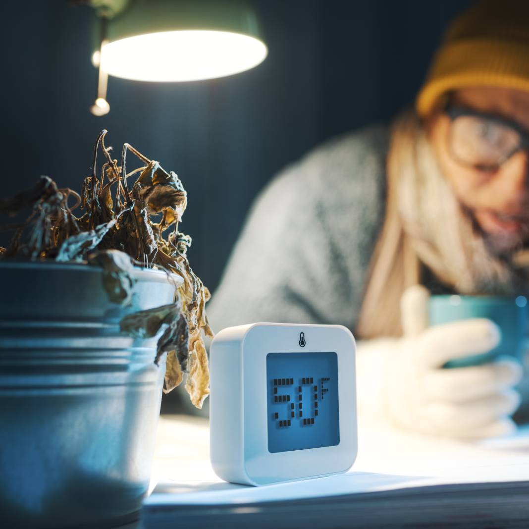 A dead plant sits next to a thermometer that reads 50F. A cold looking woman stares in the background