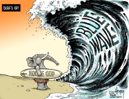 Political cartoon U.S. House GOP democrats blue wave ocean midterms 2018