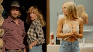 From left to right: Luke Grimes and Kelly Reilly standing together in Yellowstone and Michelle Randolph looking to her left in Landman. 