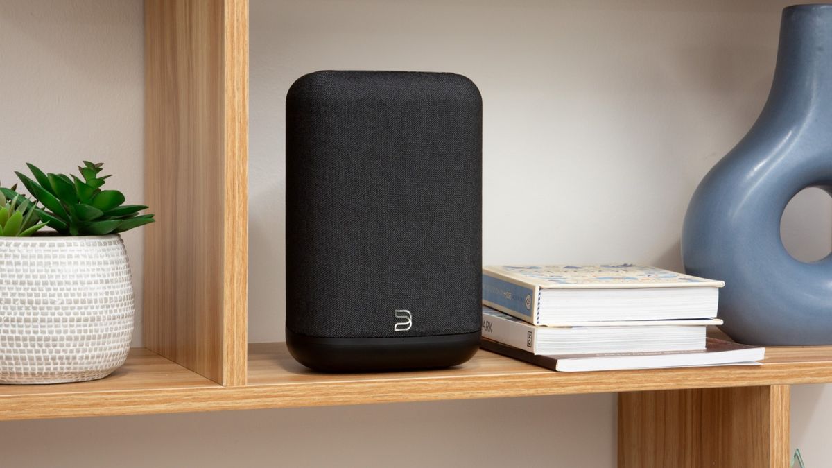 Bluesound Pulse Flex wireless speaker in Black Charcoal sitting on a shelf with books