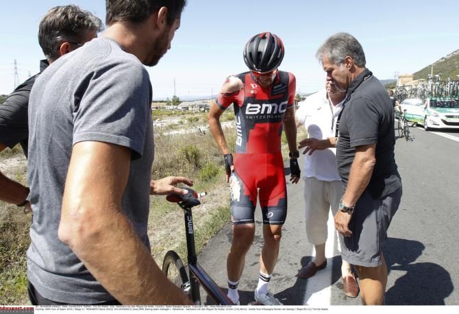 Steve Morabito (BMC) was hit by a race motorbike was forced to abandon the race