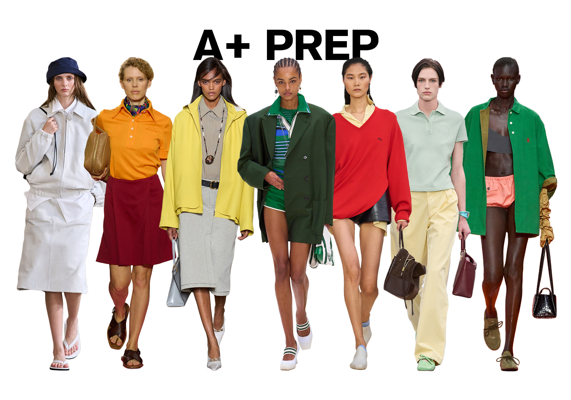 A photo of 7 models from the S/S 26 runway shows wearing preppy fashion against a white background. On top, the title is, 
