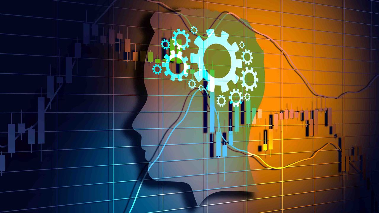 Concept art of a person&amp;#039;s brain working as mechanical gears against a 3D-rendered stock chart