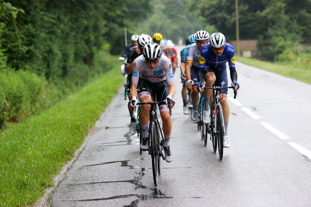 LE GRAND BORNAND FRANCE JULY 03 Tadej Pogaar of Slovenia and UAETeam Emirates White Best Young Rider Jersey during the 108th Tour de France 2021 Stage 8 a 1508km stage from Oyonnax to Le GrandBornand Rain LeTour TDF2021 on July 03 2021 in Le Grand Bornand France Photo by Tim de WaeleGetty Images