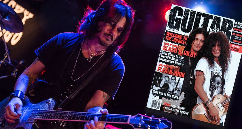 Gilby Clarke plays his metal-topped Zemaitis live onstage, while an inset shot of the GW NOV 92 cover is overlaid on the right-hand side of the image.