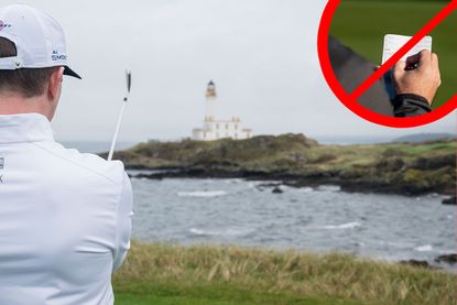 An over the shoulder image of Ben Emerson choosing his target line over the water at the par-3 9th hole at Trump Turnberry, with the lighthouse in the background and Ben's outstretched arms holding an iron towards it. Also, an inset image of a player marking a scorecard with a red line through it to indicate the impact a poor pre-shot routine costing you shots