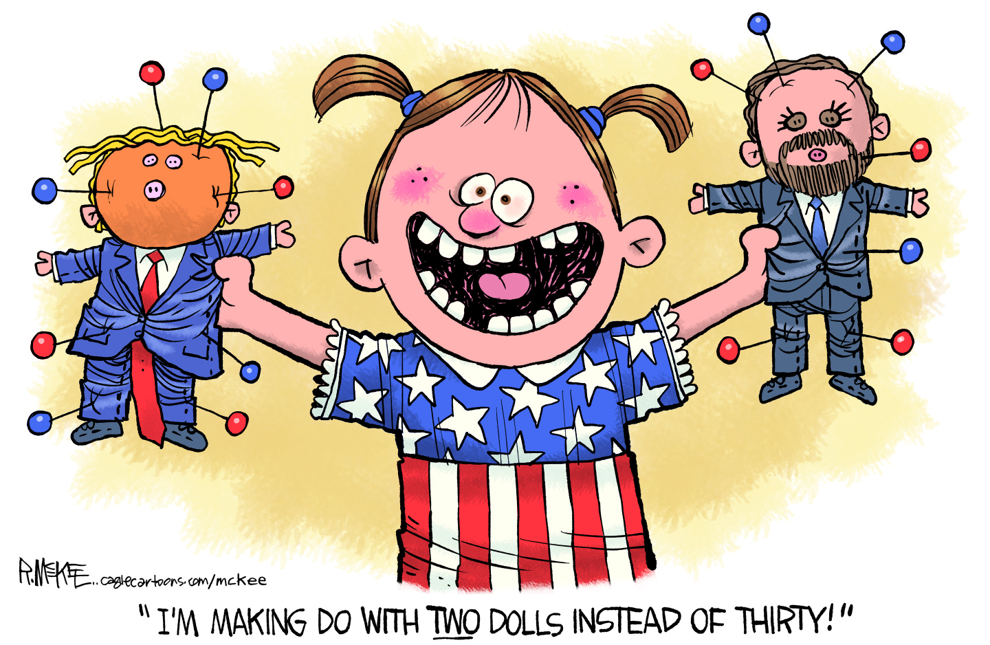 This political cartoon depicts a gap-toothed little girl with pigtails and dressed in an American flag shirt. She holds voodoo dolls that resemble Donald Trump and JD Vance and says, "I'm making do with TWO dolls instead of thirty!"