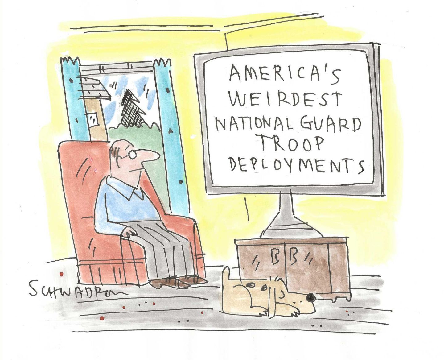 
                                This cartoon is set in a family room where a man sits in a chair next to a sleeping dog. The man watches TV where the show about to start is called “America’s Weirdest National Guard Troop Deployments”.
                            