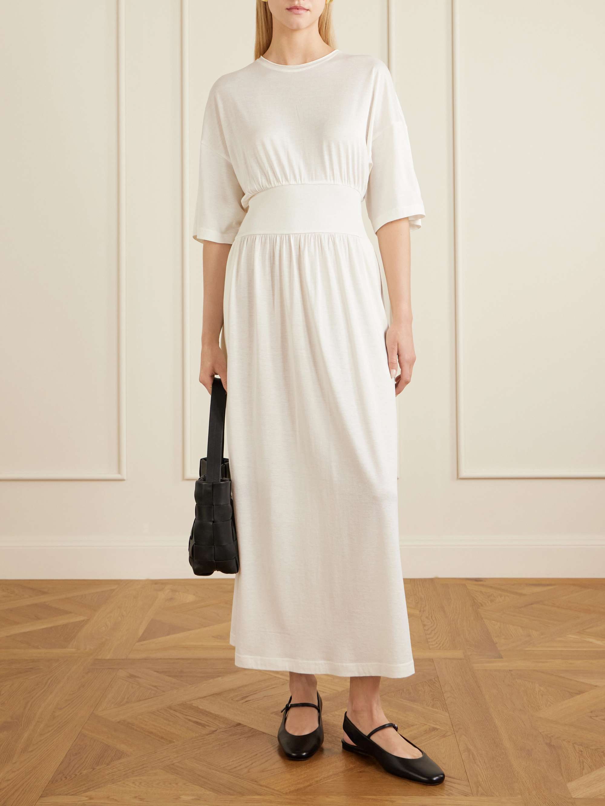 Gathered Organic Cotton and Silk-Blend Midi Dress