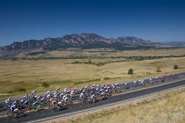 The USA Pro Challenge peloton makes its way from Golden to Boulder during stage 6.