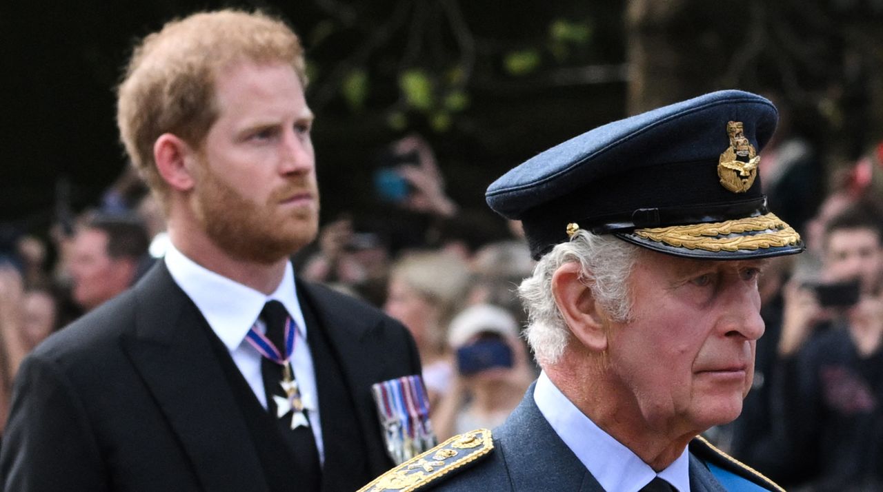 King Charles III and Britain&#039;s Prince Harry, Duke of Sussex walk behind the coffin of Queen Elizabeth II, adorned with a Royal Standard and the Imperial State Crown and pulled by a Gun Carriage of The King&#039;s Troop Royal Horse Artillery, during a procession from Buckingham Palace to the Palace of Westminster, in London on September 14, 2022