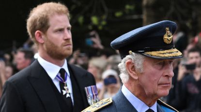 King Charles III and Britain&#039;s Prince Harry, Duke of Sussex walk behind the coffin of Queen Elizabeth II, adorned with a Royal Standard and the Imperial State Crown and pulled by a Gun Carriage of The King&#039;s Troop Royal Horse Artillery, during a procession from Buckingham Palace to the Palace of Westminster, in London on September 14, 2022