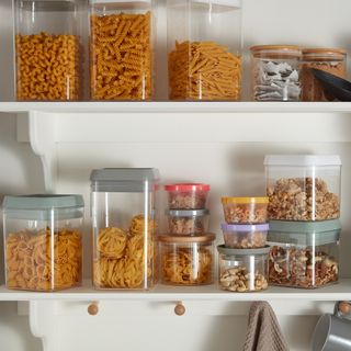 Pantry shelves with clear containers of food