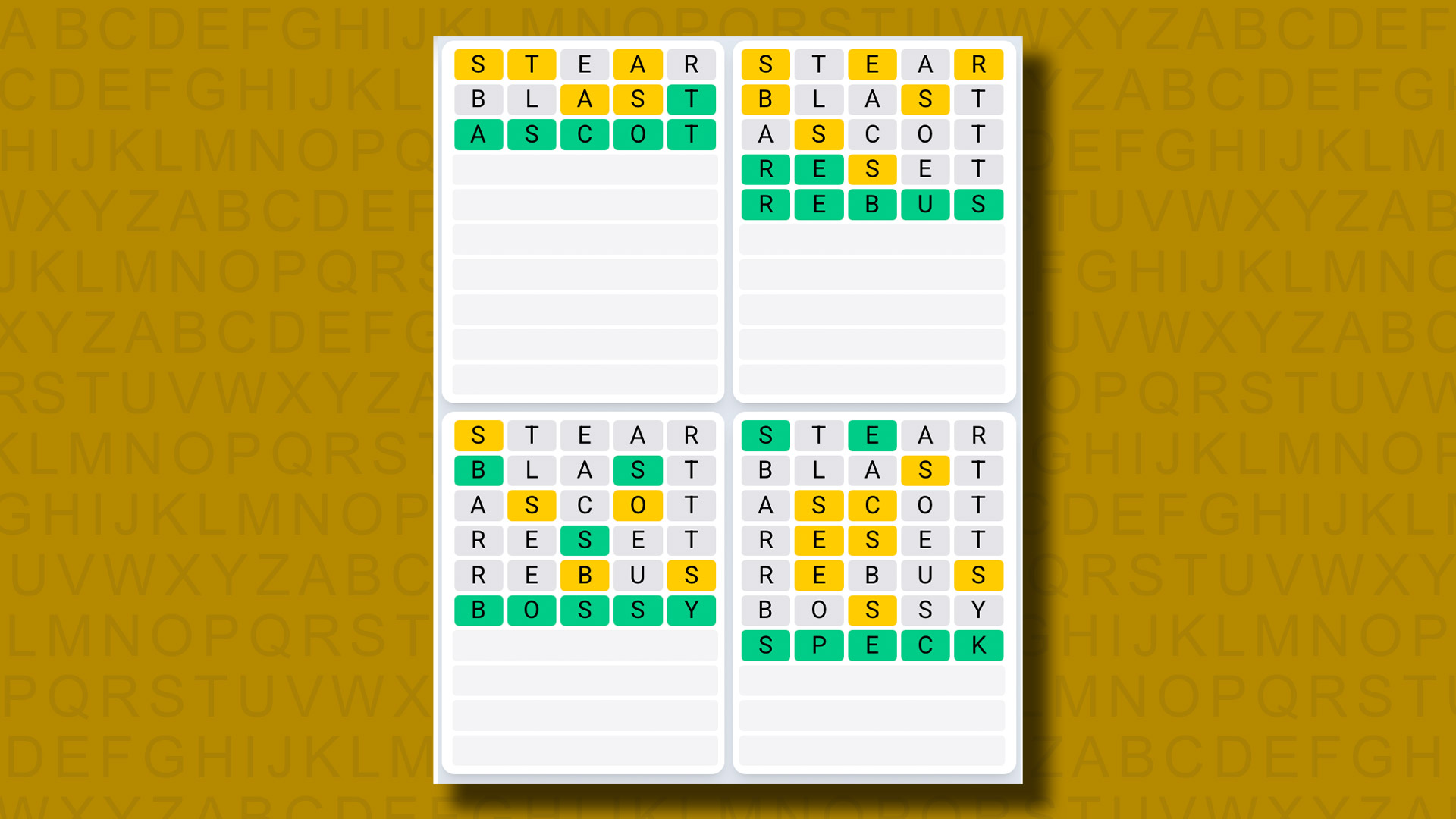 Quordle Daily Sequence answers for game 1268 on a yellow background
