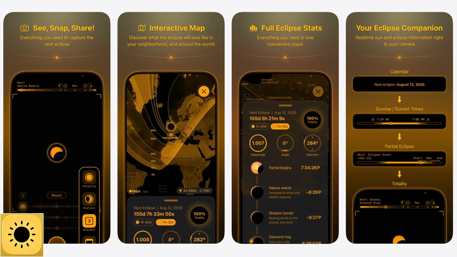 Four smartphone screenshots for eclipse apps are shown side by side against a white background.
