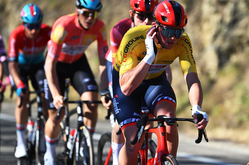 BESSEGES FRANCE FEBRUARY 03 Mads Pedersen of Denmark and Team TrekSegafredo Yellow Points Jersey cmduring the 53rd Etoile de Besseges Tour Du Gard 2023 Stage 3 a 16971km stage from Bessges to Bessges EDB2021 on February 03 2023 in Besseges France Photo by Luc ClaessenGetty Images