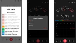 3 screenshots of SPL Meter app interfaces